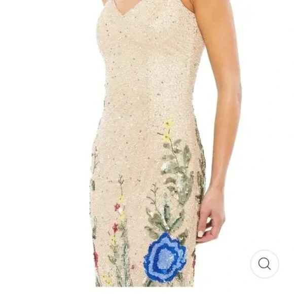 Mac Duggal 5475 Floral Embellished Spaghetti Strap Gown Size 0 NWT Nude Multi - Picture 3 of 12